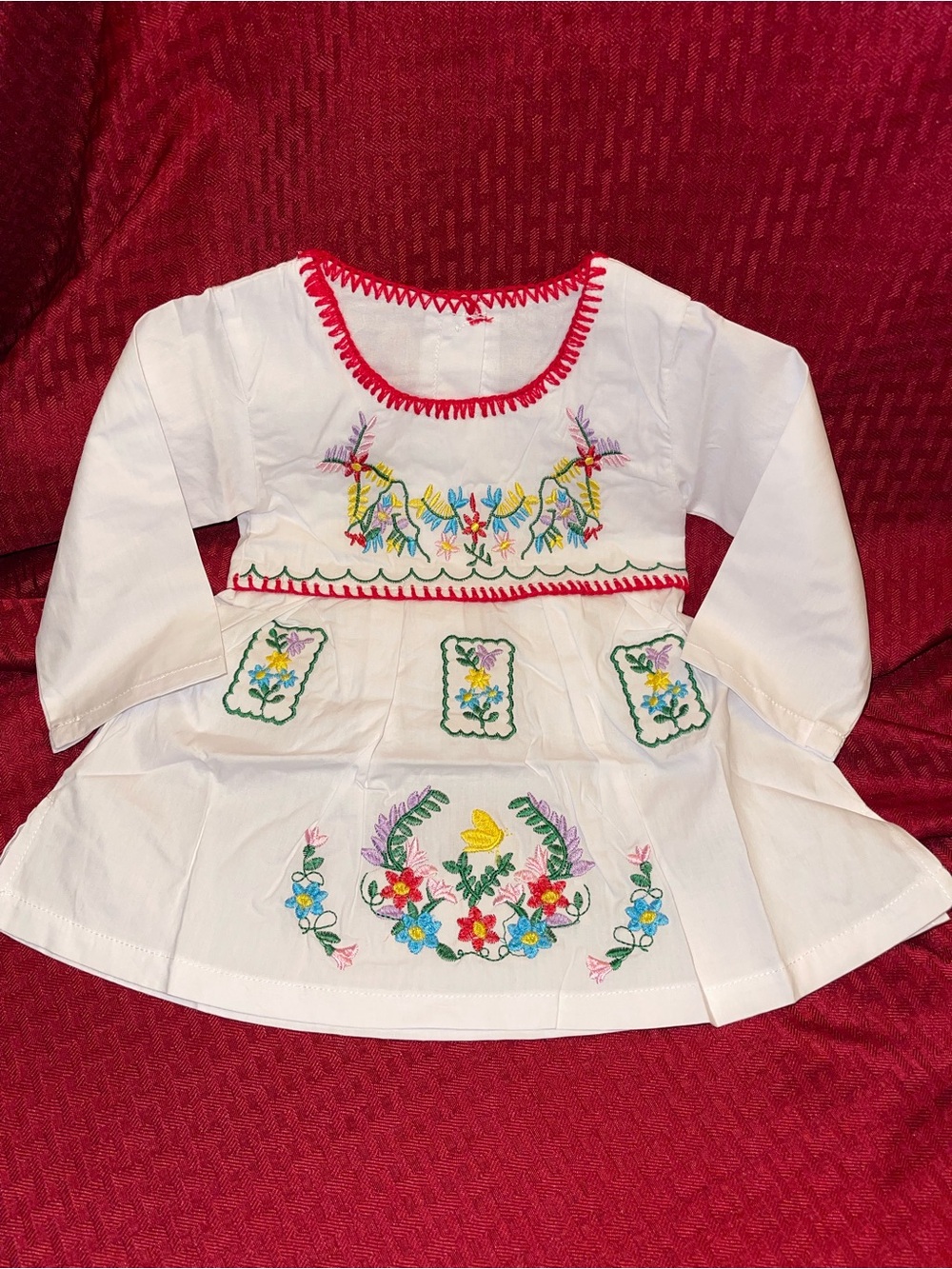 White Embroidered Girls' Casual Dress with Red Trim